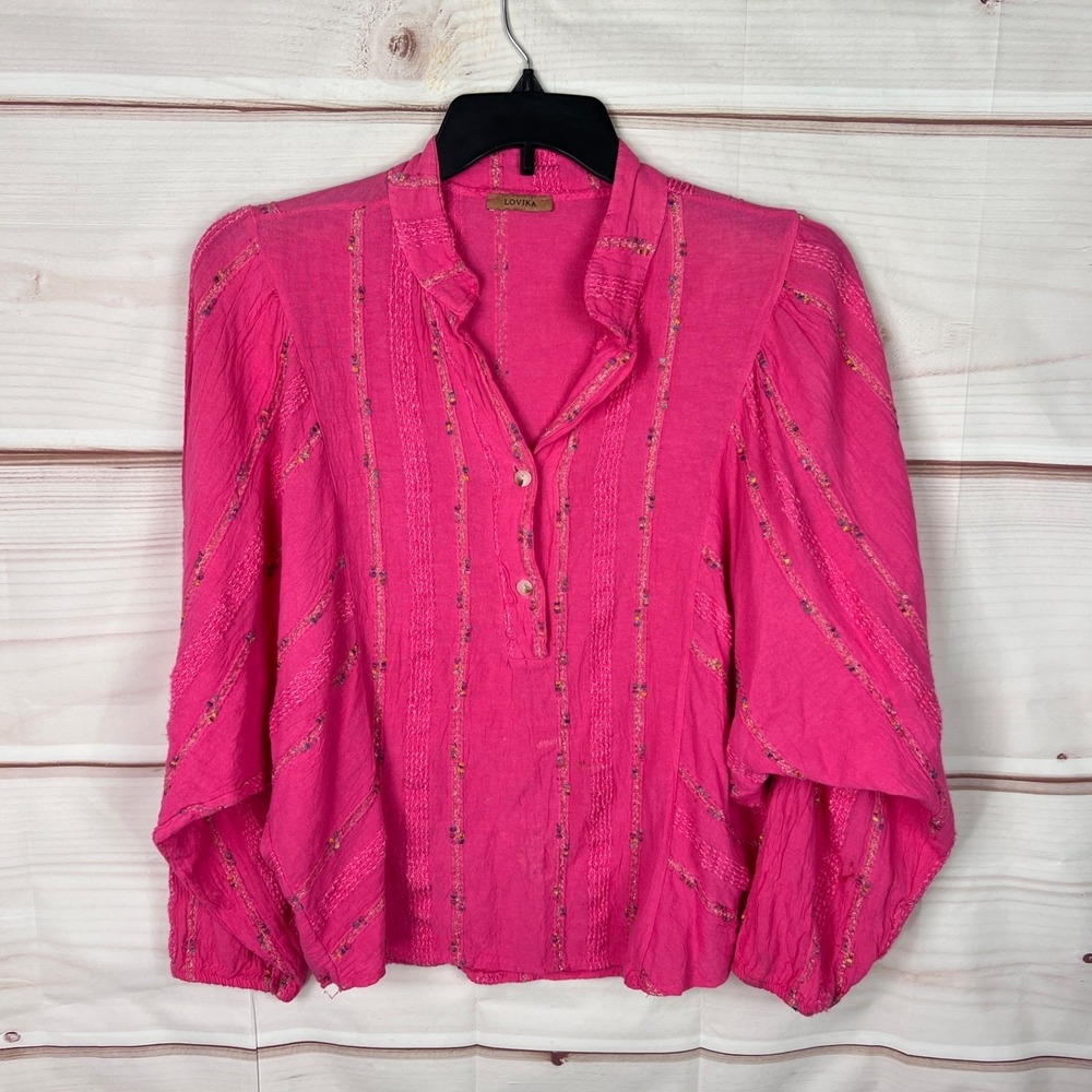 Lovika Top Womens One Size Pink Blouse Embroidered Dolman Sleeve Boxy Cotton